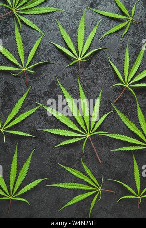 Marijuana cannabis leaves on black table. Top view. Stock Photo