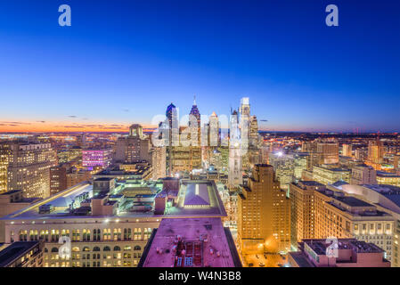 Philadelphia, Pennsylvania, USA downtown city skyline rooftop view at dusk. Stock Photo