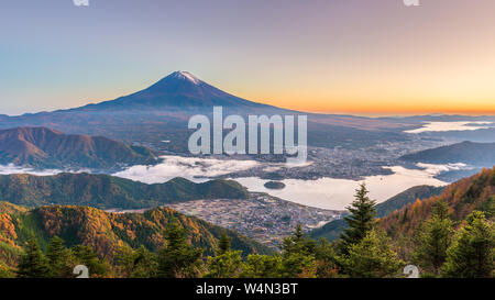 Mt. Fuji, Japan over Kawaguchi Lake on an autumn dawn. Stock Photo