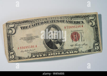 Closeup of US Five Dollar Bill, USA Stock Photo