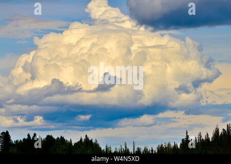 A storm cloud floating through a blue sky in rural Alberta Canada. Stock Photo