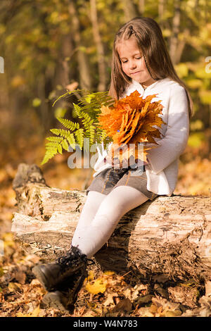 Photo of Little girl sitting in the forest with a bouquet of autumn yellow leaves Stock Photo
