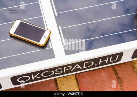 INCLUDE solar powered smart bench at beach of Lake Balaton, Hungary Stock Photo