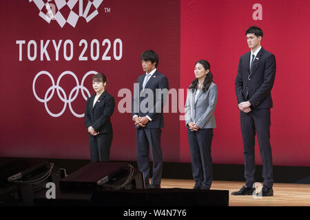 Tokyo, Japan. 24th July, 2019. (L to R) Olympic medalists Hiromi Miyake, Takuya Haneda, Homare Sawa and NBA basketball player Yuta Watanabe, attend the ''One Year to Go'' ceremony for the Tokyo 2020 Olympic Games. Organizers unveiled the Olympic medal design for the Tokyo 2020. The Games are set to open on July 24, 2020. Credit: Rodrigo Reyes Marin/ZUMA Wire/Alamy Live News Stock Photo
