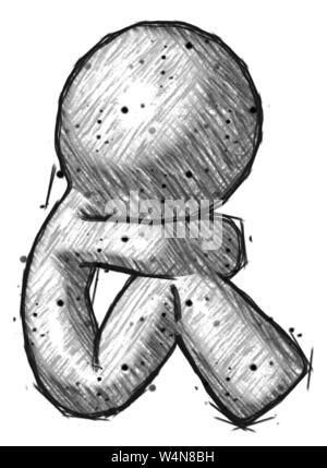 Sketch design mascot man sitting with head down facing sideways right. Stock Photo