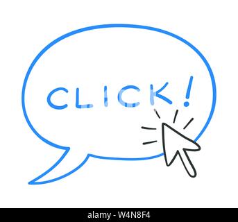 Vector hand-drawn illustration of speech bubble with click word and mouse cursor is clicking. Colored outlines and white background. Stock Vector
