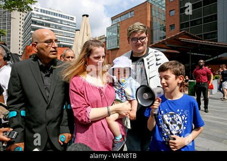 Manchester, UK, 24th July, 2019. The nephew of Yousef Makki speaking at a peaceful protest. for  Yousef  who was a 17 year old  killed in a stabbing incident.  Family and friends feel let down by the justice system as nobody has been convicted of Yousef's murder.  Crown Square Crown Court, Manchester, UK. Credit: Barbara Cook/Alamy Live News Stock Photo