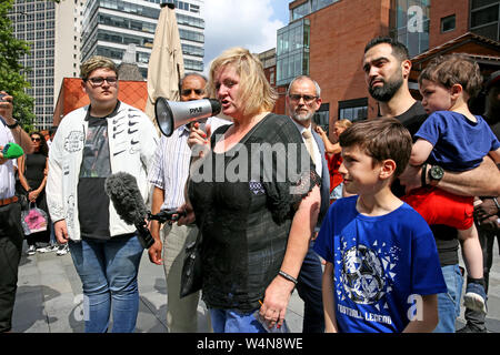 Manchester, UK, 24th July, 2019.The Mother of Yousef Makki speaking at a peaceful protest. for the 17 year old  killed in a stabbing incident.  Family and friends feel let down by the justice system as nobody has been convicted of Yousef's murder.Crown Square Crown Court, Manchester, UK. Credit: Barbara Cook/Alamy Live News Stock Photo