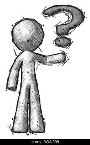 Sketch design mascot man holding question mark to right. Stock Photo