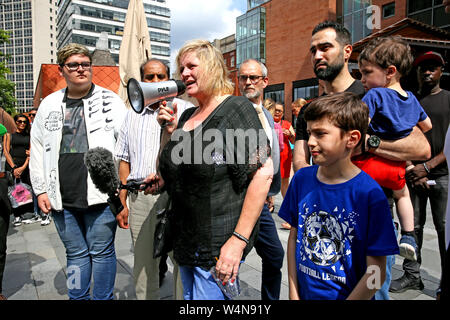 Manchester, UK, 24th July, 2019.The Mother of Yousef Makki speaking at a peaceful protest. for the 17 year old  killed in a stabbing incident.  Family and friends feel let down by the justice system as nobody has been convicted of Yousef's murder. Crown Square Crown Court, Manchester, UK. Credit: Barbara Cook/Alamy Live News Stock Photo