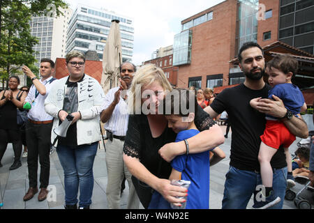 Manchester, UK, 24th July, 2019. The Mother and nephew of Yousef Makki at a peaceful protest. for the 17 year old  killed in a stabbing incident.  Family and friends feel let down by the justice system as nobody has been convicted of Yousef's murder. Crown Square Crown Court, Manchester, UK. Credit: Barbara Cook/Alamy Live News Stock Photo