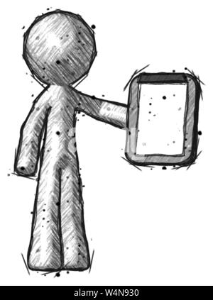 Sketch design mascot man showing clipboard to viewer. Stock Photo