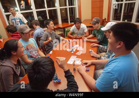High-angle shot of a group of students, seated around a long wooden table and playing poker, at the Johns Hopkins University, Baltimore, Maryland, September 21, 2006. From the Homewood Photography Collection. () Stock Photo