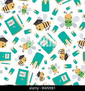 Cute honey bees with books and pencils going back to school. Seamless vector pattern on white textured background. Great for children, education Stock Vector