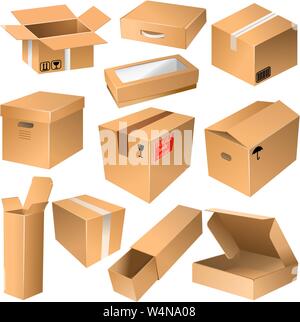Various open and closed shipping cardboard boxes Stock Vector