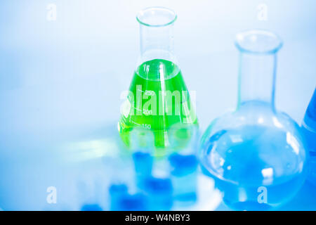 Laboratory Research Scientific Glassware For Chemical Medical Science lab background Stock Photo