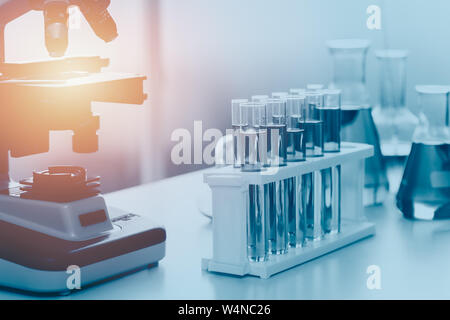 Science medical lab equipments with microscope for background Stock Photo