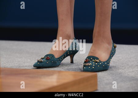 London, UK. 4th Oct, 2017. File photo taken on Oct. 4, 2017 shows the shoes of British Prime Minister Theresa May as she delivers her keynote speech on the last day of the Conservative Party Annual Conference in Manchester, Britain. Newly-elected Conservative Party leader Boris Johnson took office as the British prime minister on Wednesday amid the rising uncertainties of Brexit. The latest development came after Theresa May formally stepped down as the leader of the country and Johnson was invited by the Queen to form the government. Credit: Han Yan/Xinhua/Alamy Live News Stock Photo