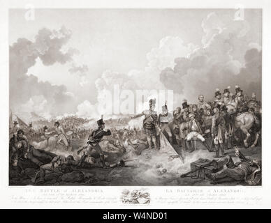 The Battle of Alexandria also called the Battle of Canope, 21 March 1801, between the French army under General Menou and the British expeditionary corps under Sir Ralph Abercromby.  After a painting by Philip James de Loutherbourg, showing the fatally wounded Abercromby continuing to command his troops. Stock Photo