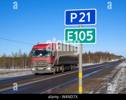 Murmansk, Russia - March 30, 2019: Truck rides on the highway 'Murmansk-St. Petersburg' Stock Photo