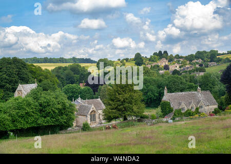 Looking across to the cotswold village of North Cerney, Cotswolds, Gloucestershire, England Stock Photo