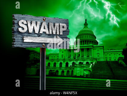 Drain the swamp politics and United States deep state government corruption as a US political concept in a 3D illustration style. Stock Photo