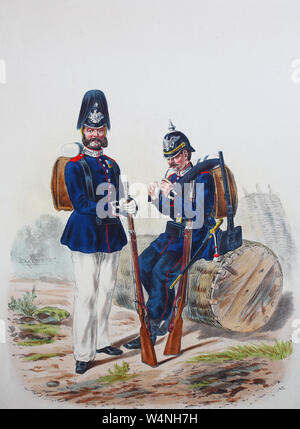 Royal Prussian Army, Guards Corps, Preußens Heer, preussische Garde, Garde Pionier Batallion, Unteroffizier, gemeiner Soldat, Digital improved reproduction of an illustration from the 19th century Stock Photo