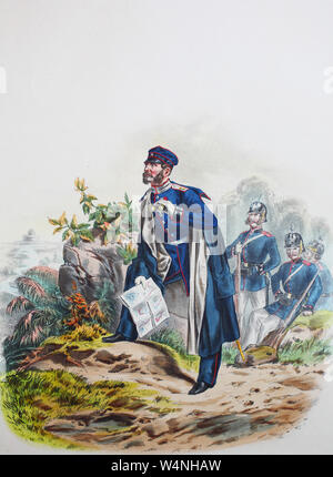 Royal Prussian Army, Guards Corps, Preußens Heer, preussische Garde, Ingenieur Corps, Offizier, Digital improved reproduction of an illustration from the 19th century Stock Photo