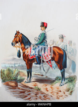 Royal Prussian Army, Guards Corps, Preußens Heer, preussische Garde, Westfälisches Husaren Regiment No.11, Offizier, Trompeter, Digital improved reproduction of an illustration from the 19th century Stock Photo