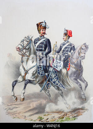 Royal Prussian Army, Guards Corps, Preußens Heer, preussische Garde, Leib Husaren Regiment, Offizier, Trompeter, Digital improved reproduction of an illustration from the 19th century Stock Photo