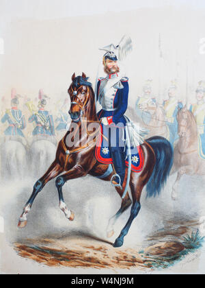 Royal Prussian Army, Guards Corps, Preußens Heer, preussische Garde, Garde Ulanen Regiment, Trompeter, Offizier, gemeine Soldaten, Digital improved reproduction of an illustration from the 19th century Stock Photo