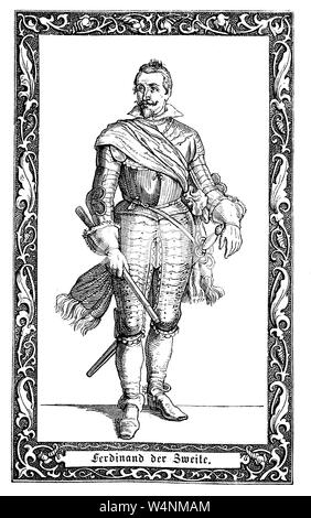 Ferdinand II., member of the House of Habsburg, was Holy Roman Emperor, King of Bohemia, and King of Hungary. Ferdinand II., 1578-1637, von 1619 bis zu seinem Tode Kaiser des Heiligen Römischen Reiches, Digital improved reproduction of an illustration from the 19th century Stock Photo