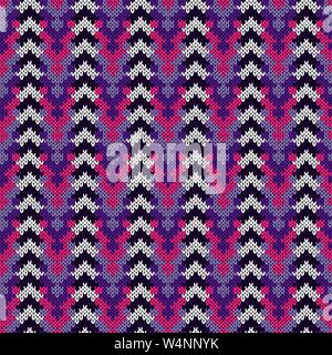 Knitted seamless ornamental pattern with zigzag lines in purple, pink and white colors on the mute background, vector as a fabric texture Stock Vector