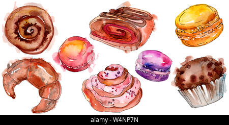 Tasty cake and desserts in a watercolor style. Background illustration set. Watercolour drawing aquarelle isolated. Stock Photo