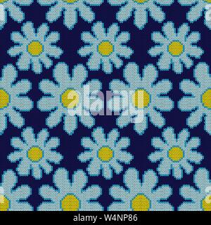 Knitted seamless pattern with flowers in blue hues on the dark background, vector as fabric texture Stock Vector
