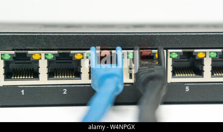 network cable and ports of a switch Stock Photo