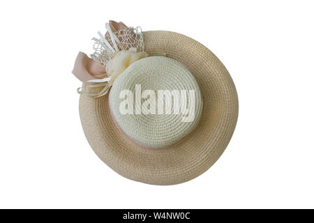 Pretty straw hat with ribbon and flower isolated on white background beach hat top view Stock Photo