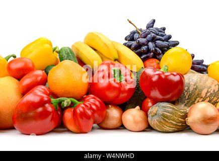 Big pile fruits, vegetables, berries isolated on white background Stock Photo