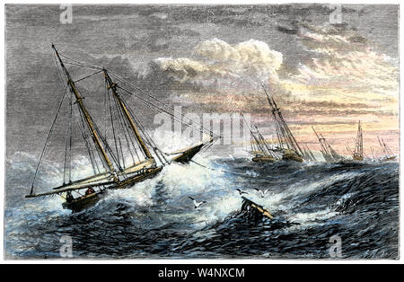 Fishing boats riding out a gale on the Grand Banks, 1800s. Hand-colored woodcut Stock Photo