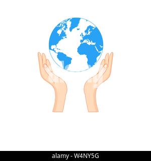 Vector illustration symbol hands hold the earth. Eco sign with our globe design for poster or web page. Stock Vector