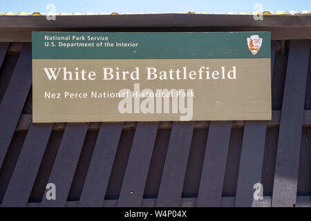 White Bird, Idaho - July 3, 2019: Sign for White Bird Battlefield at the Nez Perce National Historical Park, located off of US Highway 95 Stock Photo