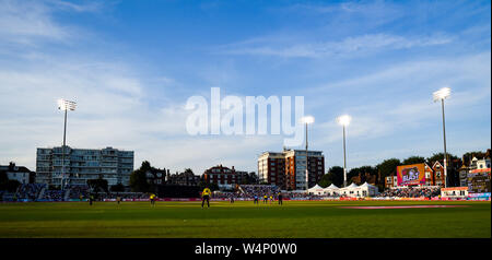 Hove Sussex UK 24th July 2019 - Fans enjoy the evening sunshine during the Vitality Blast South Group Match between Sussex Sharks and Hampshire at the 1st Central County Ground in Hove  . Credit : Simon Dack / Alamy Live News Stock Photo