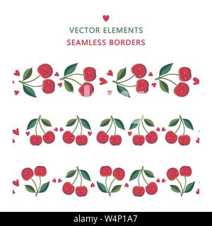 Cherry. Set of endless horizontal brushes isolated on a white background. Vector seamless border of happy smiling cute cartoon kawaii cherries and red Stock Vector