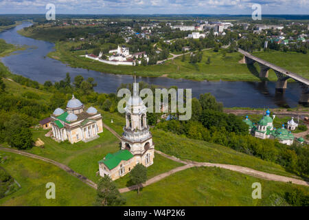 Aerial view of the Saint-Assumption Monastery and Volga river in old Russian Staritsa town, Tver Region, Russia Stock Photo