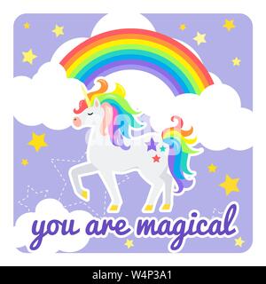 Cute vector card with unicorn and rainbow. You are magical. Stock Vector