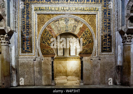 the Mihrab in the area of the Maqsurah, located in the central area of the The Mosque–Cathedral also called the Mezquita, in Cordoba, Andalucia, Spain Stock Photo