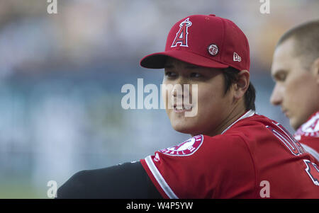 May 17, 2019: Los Angeles Angels center fielder Mike Trout (27) walks in  the outfield during pregame before the game between the Kansas City Royals  and the Los Angeles Angels of Anaheim