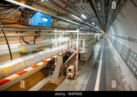 CERN, France - 25 June, 2019: A part of The Large Hadron Collider (LHC) is seen underground inthe French part of CERN.