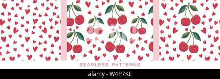 Positive backgrounds. Vector seamless pattern with red hearts and cherries repeated on white. Endless texture. Cute characters in kawaii style with Stock Vector