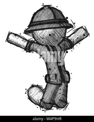 Sketch explorer ranger man jumping or kneeling with gladness. Stock Photo